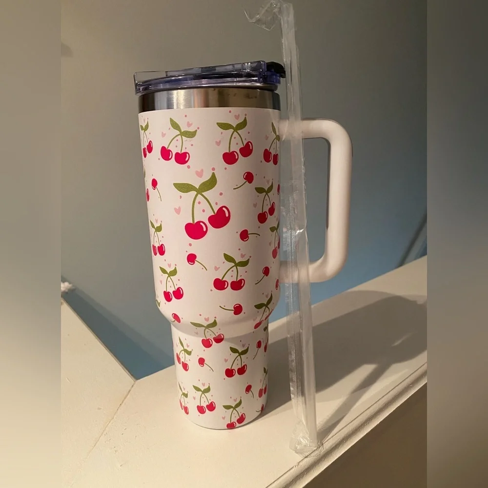 Cherry Patterned Travel Mug New in Box with straw
